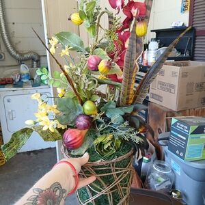 Artificial Mixed Floral Arrangement with Feathers - Green & Burgundy